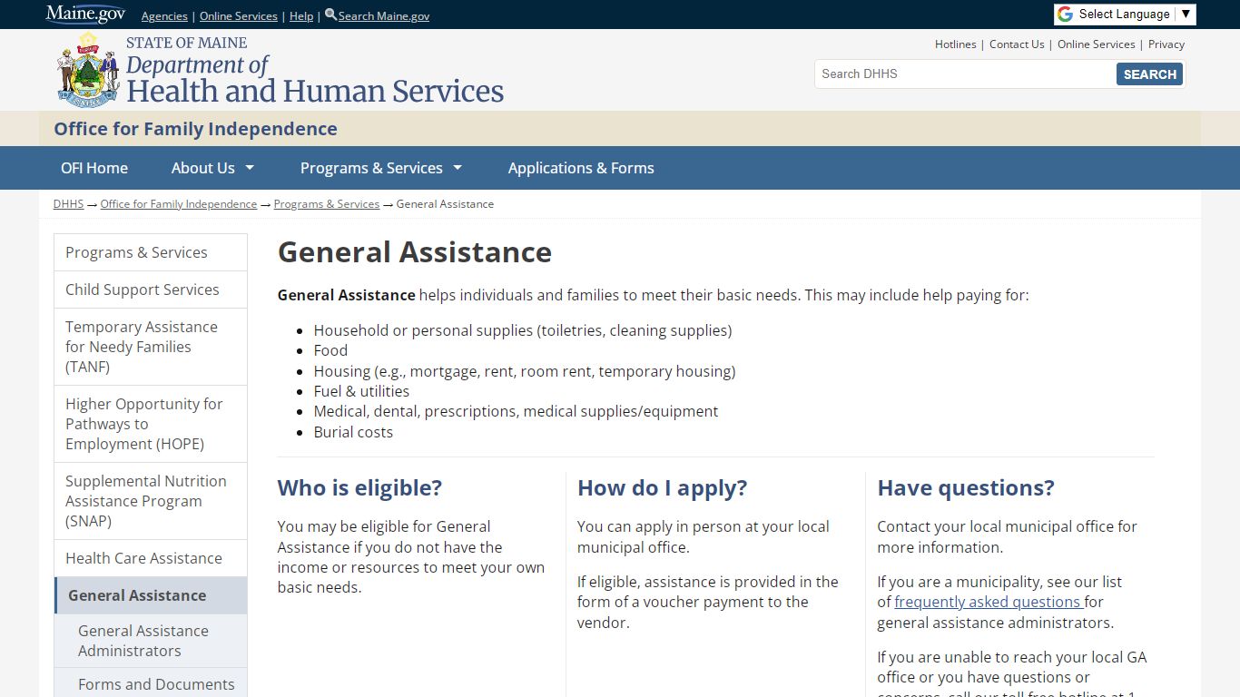 General Assistance | Department of Health and Human Services - Maine DHHS
